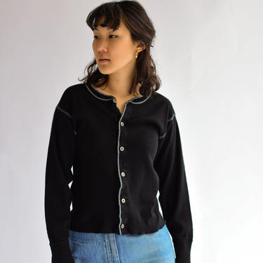 Vintage Black Button Up Thermal Shirt | Contrast stitch Rib Knit | Cotton henley | 