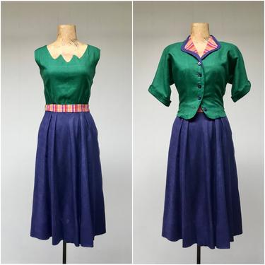 Vintage 1940s Carlye Linen Dress and Jacket Set, Green/Blue Sleeveless Frock w/ Bias Cut Skirt, Fitted Short Sleeve Jacket, Small 36 Bust 