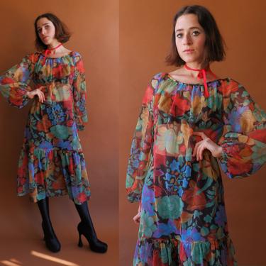Vintage 70s Sheer Floral Drop Waist Dress/1970s Edith Flagg Dress/ Size Medium 