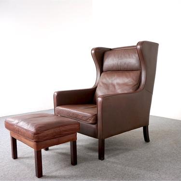 Danish Leather Wingback Easy Chair With Footstool, by Stouby - (320-052) 