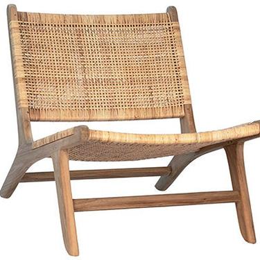 Free Shipping Within US - Solid Teak Wood With Rattan Upholstered Lounge Chair 