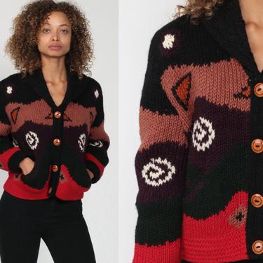 Boho Cardigan Geometric Sweater Jacket Black Fall Cardigan Button Up Thick Sweater Bohemian Vintage Medium 