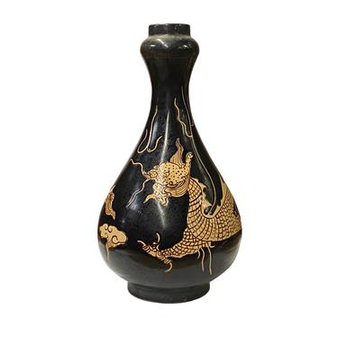 Chinese Ware Brown Black Glaze Dragon Theme Ceramic Jar Vase ws1928E 