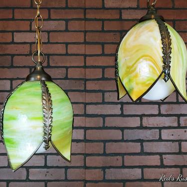 Pair of Lily Swag Lamps Hanging Lamps Green Slag Glass Lamps Lights 