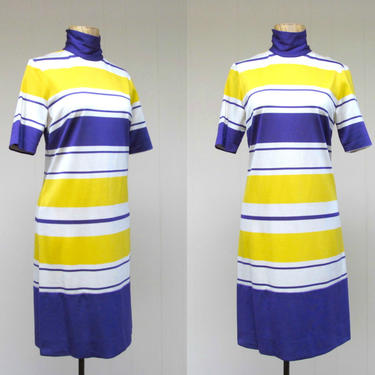Vintage 1960s Mod Striped Dress, 60s Yellow Purple White Acrylic Knit Sheath, Dead Stock w/ Store Tags, Small 34&quot; Bust 