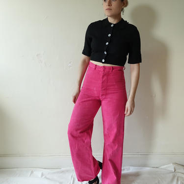 Vintage Overdyed Sailor Pants/ High Waisted Button Fly Wide Leg Navy Trousers/ Pink Fuchsia / Size 30 