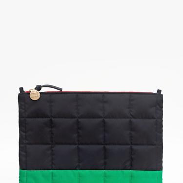 Quilted Puffer Flat Clutch with Tabs - Black with Green