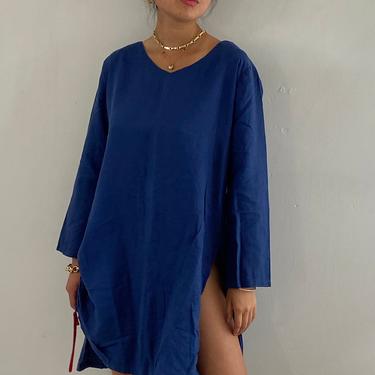 90s linen tunic dress / vintage navy blue woven linen drawstring sack dress / linen market resort wear beach dress | L 