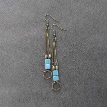 Minimalist blue earrings, bronze mid century earrings, statement earrings, brutalist earrings, geometric earrings, simple dangle earrings 