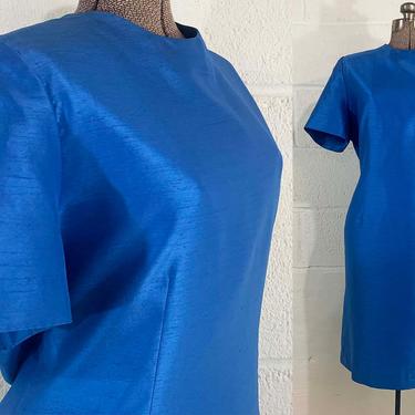 Vintage Sky Blue Shift Dress 60s 1960s Teal Turquoise Satin Mod Twiggy Short Sleeve Handmade Medium Large 