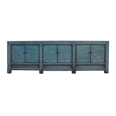 Chinese Distressed Teal Blue Lacquer Low Long TV Console Cabinet cs5373E 