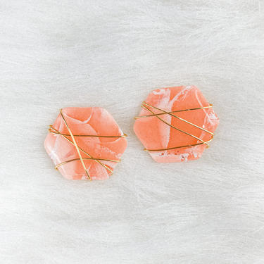 Wrapped Crystal Stud in peach agate // Cosmic Collection // Polymer Clay Statement Earrings // Lightweight earrings // Hexagon Earrings 