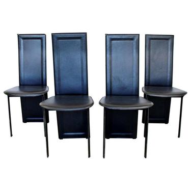 Mid Century Modern Set of 4 B&B Italia Side Dining Chairs 1970s Black Leather 