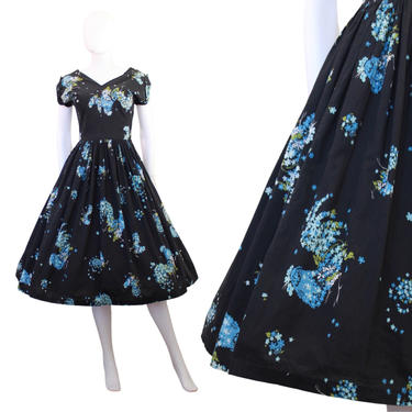 1950 Chicken Novelty Print Dress - 1950s Floral Chicken Dress - 50s Blue Floral Dress - Dark Floral Dress - 50s Rooster Dress | Size Small 