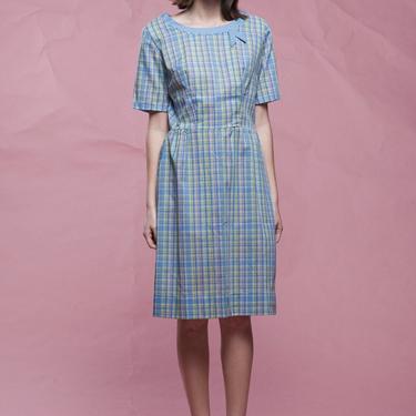 50s day dress blue plaid short sleeves cotton round neck knee length vintage 1950s MEDIUM LARGE M L 