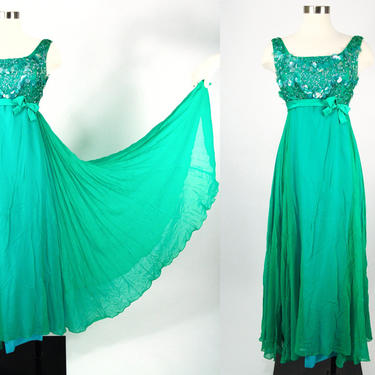 1960s Green Full Length Dress, Green Sequined Formal Gown, Vintage Empire Waist Dress, Sleeveless Prom Dress 60s, Long Green Evening Gown 
