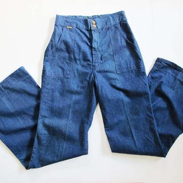 Vintage 70s Wrangler Bell Bottom Jeans 27-30 Tall 35 Inseam  - 1970s High Waist Wide Leg Denim Pants - Dark Wash Elastic Waist Boho Hippie 