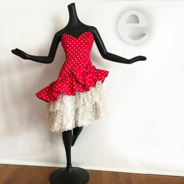 Vintage 80s Red Polka Dot Party Dress • Madonna Material Girl Ruffles &amp; Lace Giant Bow Bustier Valentines Day or Prom • Sexy Dropped Waist 