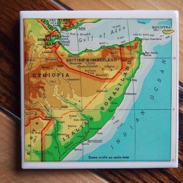 1937 Ethiopia and Somalia - Horn of Africa - Handmade Repurposed Vintage Map Coaster - Ceramic Tile - Repurposed 1930s Goode's Atlas 