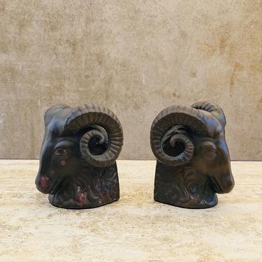 Vintage Patinated Brass Ram Bookends 