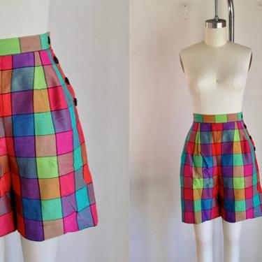 Vintage 1980s Rainblow Madras Plaid Linen Shorts / M 