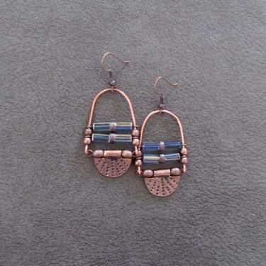 Copper ethnic earrings, chandelier earrings, statement earrings, chunky bold earrings, etched metal earrings, iridescent crystal earrings 