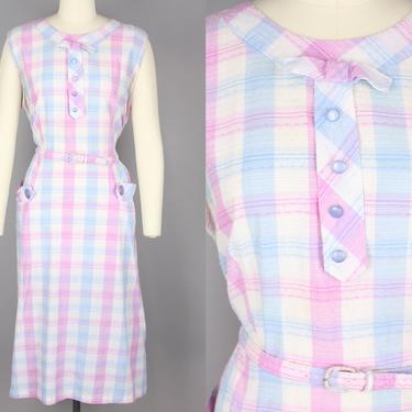 1960s Plaid Day Dress | Vintage 60s Pink, Blue, & White Sleeveless Dress with Pockets and Belt | extra large 