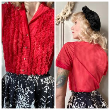Late 1950s Blouse // Red Nylon Ruffle Blouse // vintage 50s blouse 