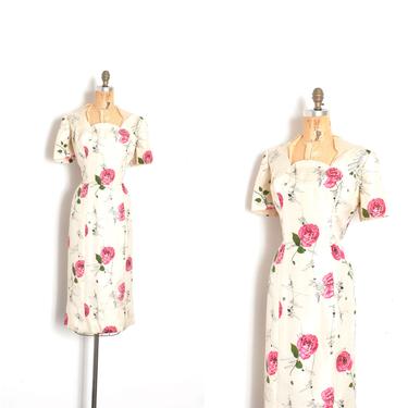 Vintage 1950 Dress / 50s Rose Print Silk Wiggle Dress / White Pink ( large L ) 