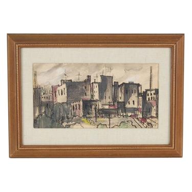 1954 Mid-Century Modern Abstracted City Scape Painting sgnd O’Dell 