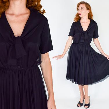 1950s Black Chiffon Dress | 50s Black Chiffon Party Dress | Sophisticated Miss | Medium 