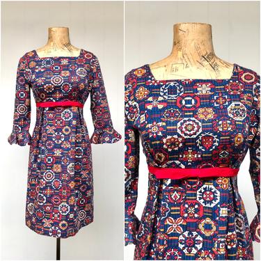 Vintage 1960s Mod Cotton Mini Dress, 60s Empire Waist Frock with Flounce Sleeves, Blue Geometric Medallion Print, Extra Small 32&quot; Bust 