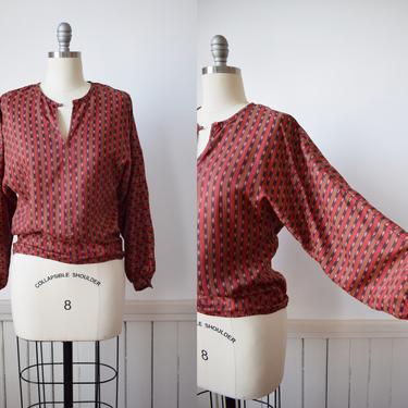 Vintage Pierre Cardin Striped Rayon Top | 1970s Brick Red Rayon Blouse with Bishop Sleeves | S/M 