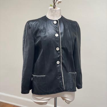 Vintage 1960s 1970s 70s 80s Leather Blazer Jacket Mod Black White Trim Pockets Soft Graphic Contrast Suit Retro Boho Bohemian  Button 