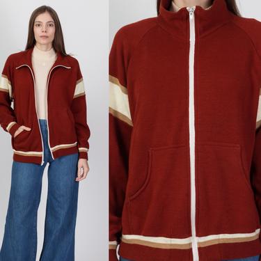 70s Rust Red Striped Track Jacket - Men's Medium, Women's Large | Vintage Unisex Zip Up Tennis Sweatshirt 