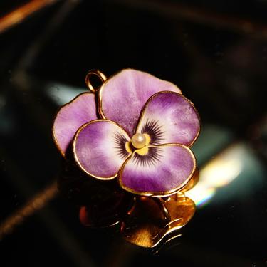 Antique 14K Rose Gold Enamel Pearl Seed Flower Brooch/Pendant, Vibrant Purple & Yellow Pansy Flower, Art Nouveau, Victorian, 1” L 