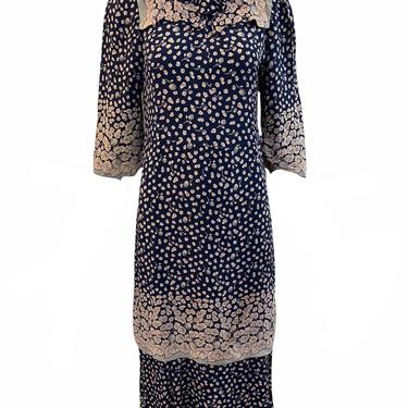 30s Blue  Ditzy Floral Crepe Day  Dress