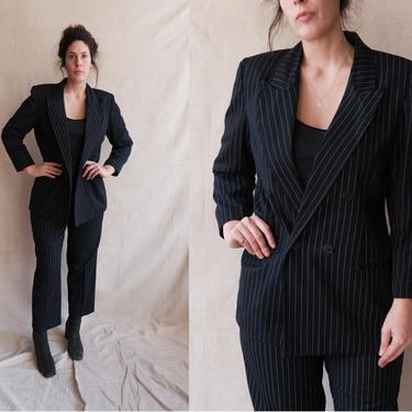 Vintage 80s Pinstripe Pant Suit/ 1980s Navy Blue Double Breasted Blazer and High Waisted Trousers/ Size Medium Large 