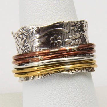 Vintage Artisan Floral Ring Band Slide Spinner Sterling Silver Copper Brass Sz 8 