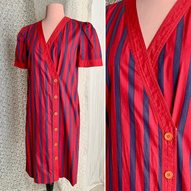 Bold Stripes, Vintage 90s Dress, Cotton, Button Down, Shift, Albert Nipon, Size 4 US 