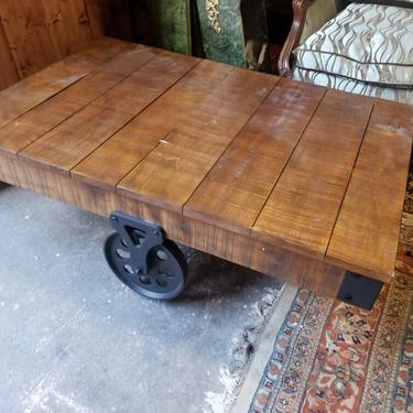 Vintage Salvaged Wood 3 Metal Castor Rail-Car Coffee Table