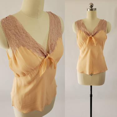 1930's Silk Camisole in Apricot with Beige Lace Trim 30's Lingerie 30s Women's Vintage Size Large 