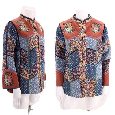 70s art to wear quilted jacket / vintage 1970s handmade cotton corduroy appliquéd folk quilt jacket Koos M - L 