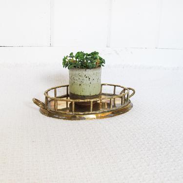 Small Vintage Midcentury Brass Hollywood Regency Bamboo Decorative Serving Tray with Distress and Side Handles - Made in India 