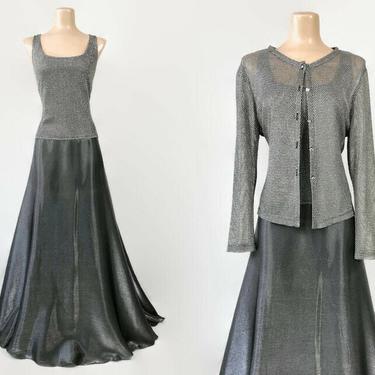VINTAGE 90s Metallic Pewter Ballgown and Jacket Set | 1990s Silver Knit Formal Dress | Prom Dress | Mother of the Bride Dress | By Cachet 