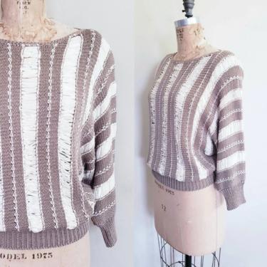 1980s Cream Brown Knit Striped Top / 80s Dolman Sleeved Pullover Summer Sweater Rayon Cotton Ribbon Weave / Parigi / M 