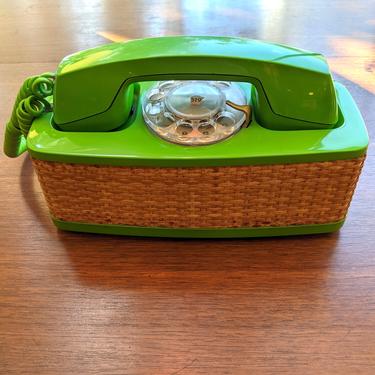 1960s wicker wrapped bright green rotary phone by western electric (MCE-7106)