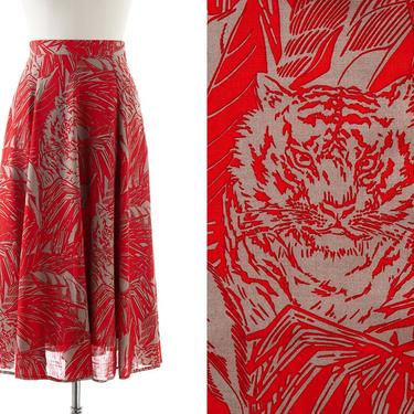 Vintage 1980s Skirt | 80s Tiger Animal Tropical Novelty Print Red High Waisted Midi Full Skirt (small) 