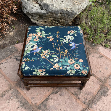 Mid Century Rattan Footstool / Ottoman with Removable Upholstered Cushion with Zipper, Teal Fabric with Birds and Florals 