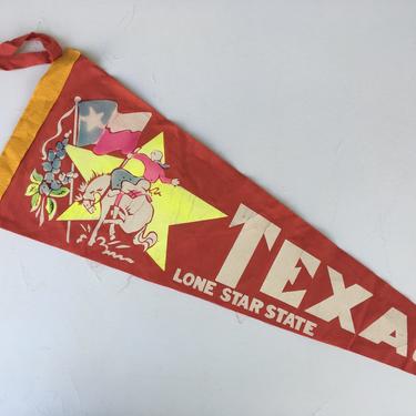 Vintage Texas Lone Star State Souvenir Pennant, Red Flag With Bright Yellow Pink, Cowboy On Bucking Bronco 
